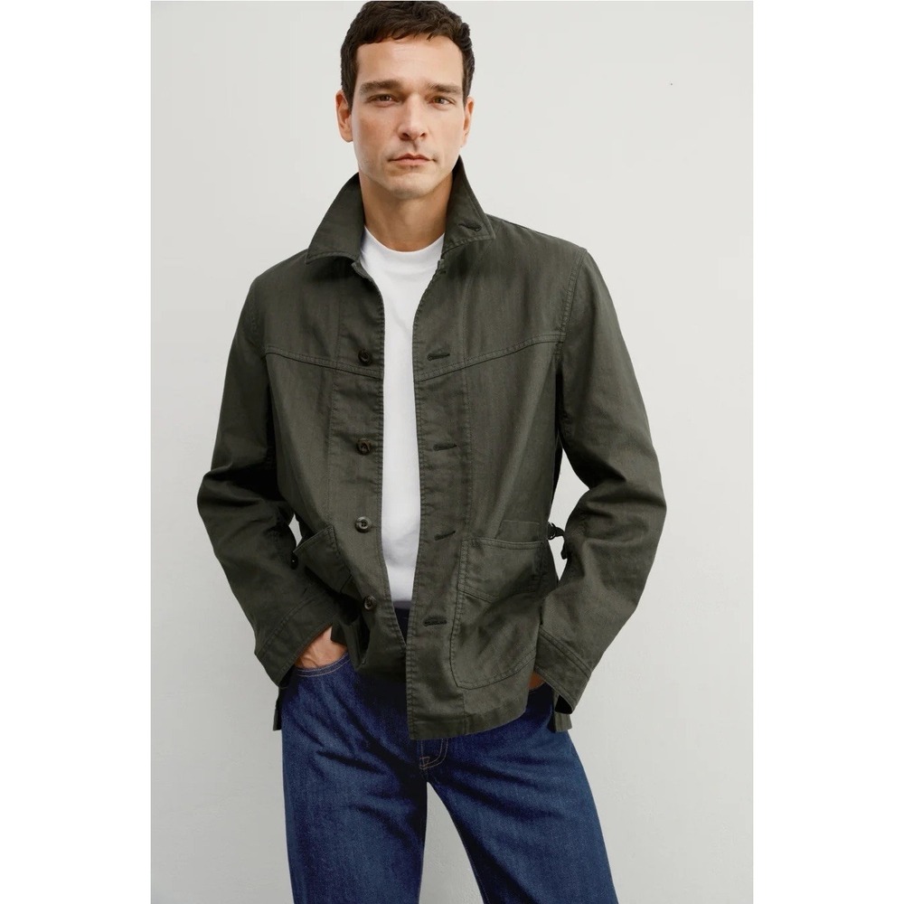 AYR Field Jacket Men Medium Green Herringbone Cotton Ramie Chore Utility Coat